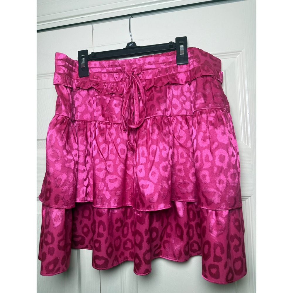 Hailey & Co Fuchsia Pink Leopard Print Tiered Satin Mini Skirt Large